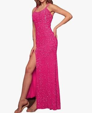 NWT Berlinnova Hot Pink Full Sequin Mermaid Prom Dress Long Formal Size 2